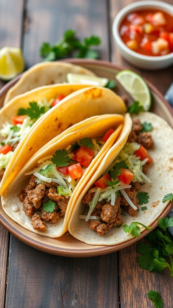 A colorful plate of classic beef tacos with fresh salsa, lettuce, and cheese, garnished with lime and cilantro.